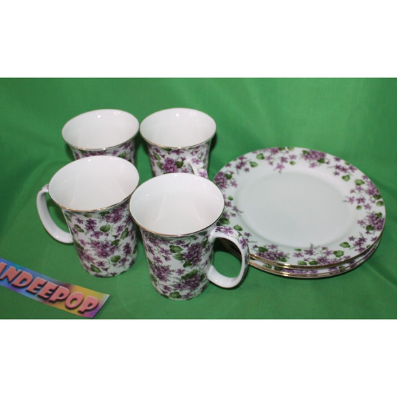 8 Piece Violets Purple Floral Grace's Teaware 4 Mugs 4 Plates Tea Coffee Serving - Picture 2 of 13